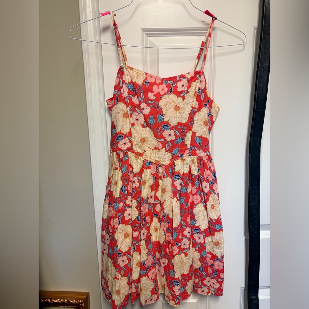 aerie Coral Floral Sundress with Cream & Blue Accents